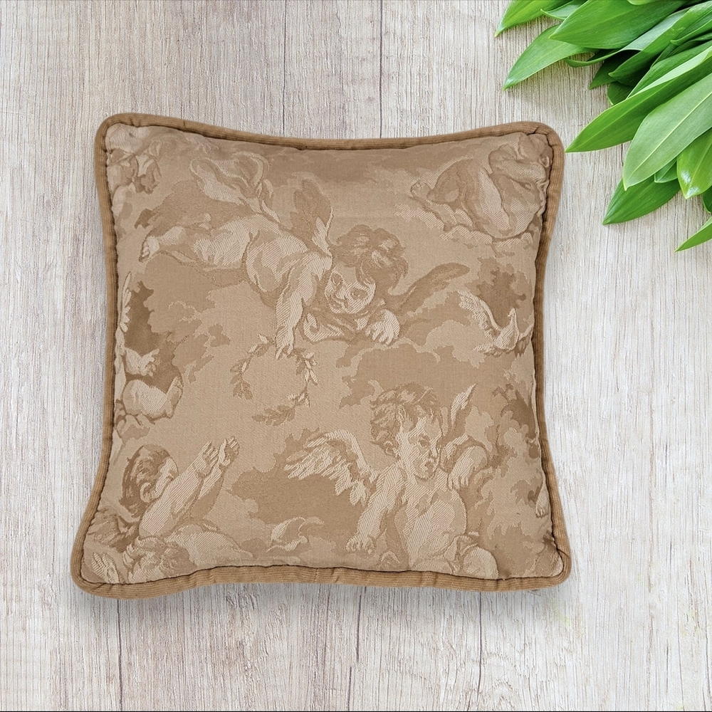 Vintage Decorative Throw Pillow with Champagne Gold Cherub Pattern